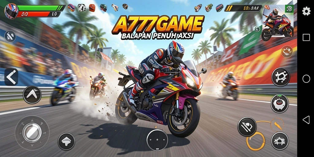 Tampilan gameplay seru dalam A777GAME dengan motor balap.