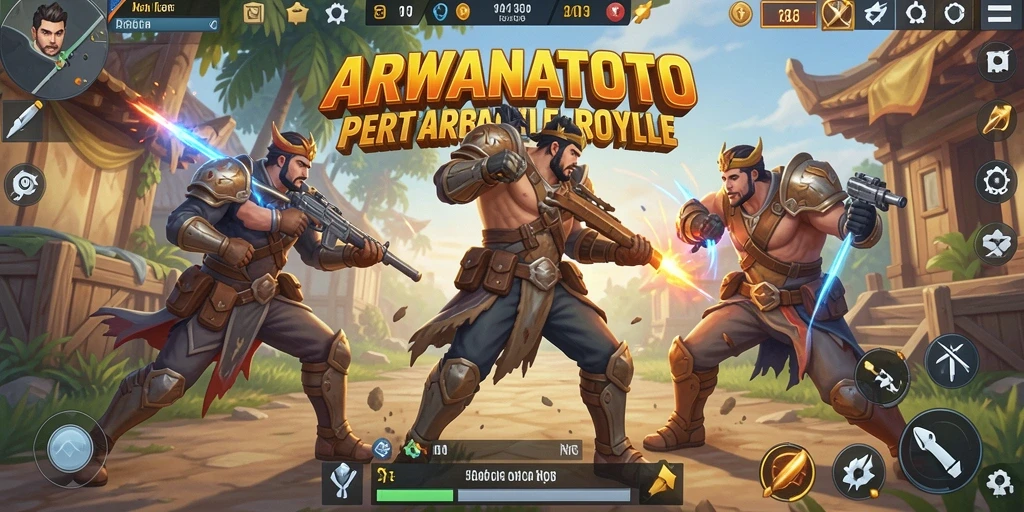 Screenshot ARWANATOTO menunjukkan pertempuran yang menegangkan di arena Battle Royale.