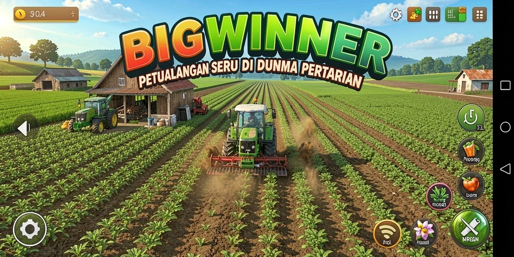 Screenshot gameplay BIGWINNER menampilkan kebun yang hijau dan hewan ternak yang sehat.