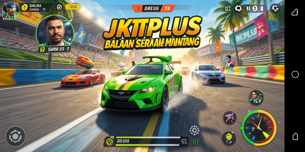 Gameplay JKTPLUS dengan aksi balapan yang intens.