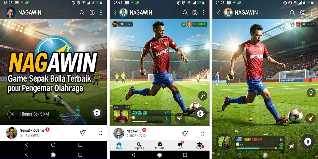 Screenshot gameplay NAGAWIN menampilkan aksi sepak bola yang mendebarkan.