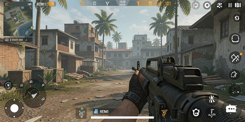 Tampilan gameplay seru di REMI101 dengan pertarungan FPS yang mendebarkan.