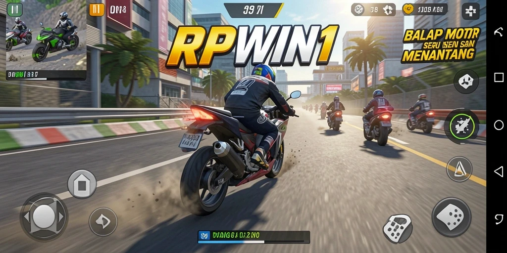 Tampilan gameplay seru dalam balapan motor yang mendebarkan.