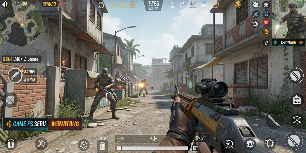 Screenshot utama SPIN88 menampilkan aksi tembak-menembak seru dalam game FPS.