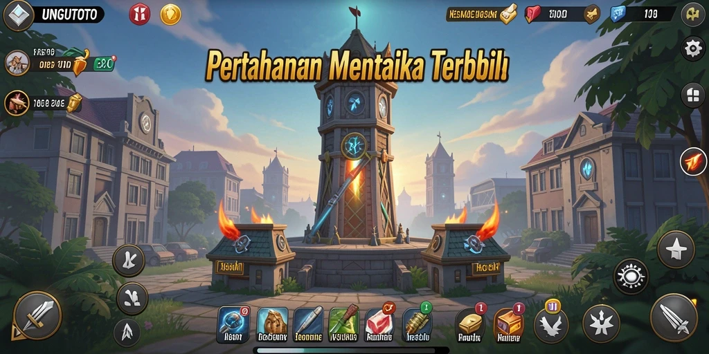 Screenshot gameplay UNGUTOTO menampilkan pertahanan menara yang menarik.
