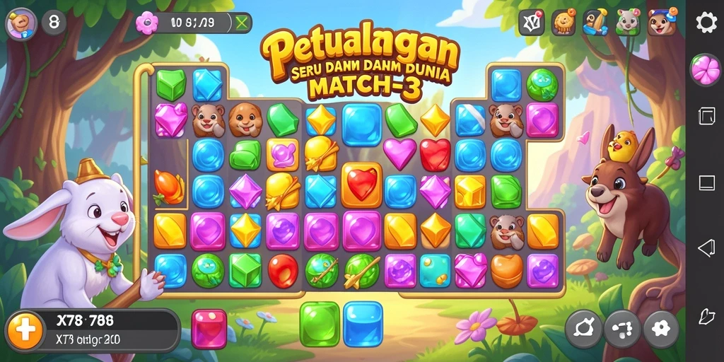 Screenshot gameplay X78 menampilkan aksi seru Match-3 yang penuh warna.